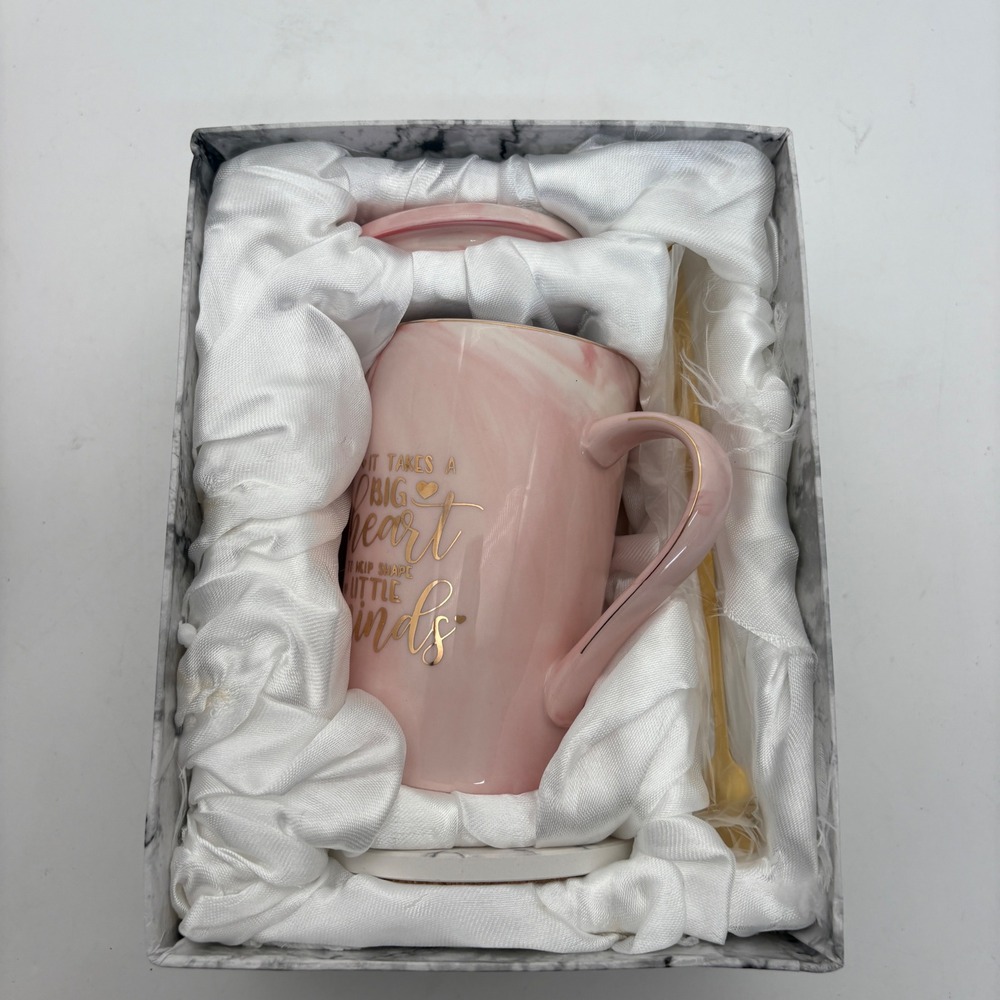 Teacher Appreciation Mug Gift Set Big Heart Little Minds Lid Spoon Coaster New